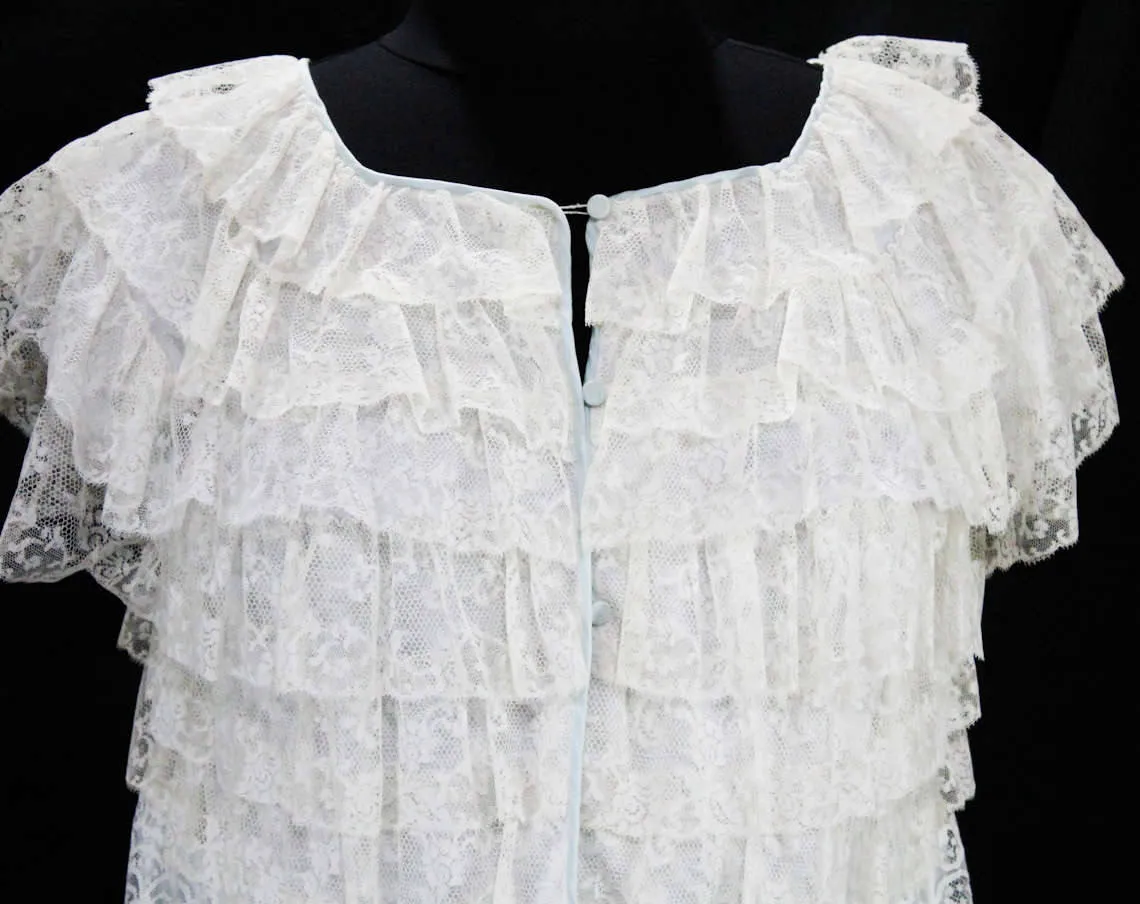 Size 10 Boudoir Bed Jacket - Sheer White Lace Layers with Pale Blue Trim - 50s 60s Lingerie - Short Sleeve Frou Frou Bedjacket - Bust 38.5