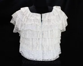 Size 10 Boudoir Bed Jacket - Sheer White Lace Layers with Pale Blue Trim - 50s 60s Lingerie - Short Sleeve Frou Frou Bedjacket - Bust 38.5