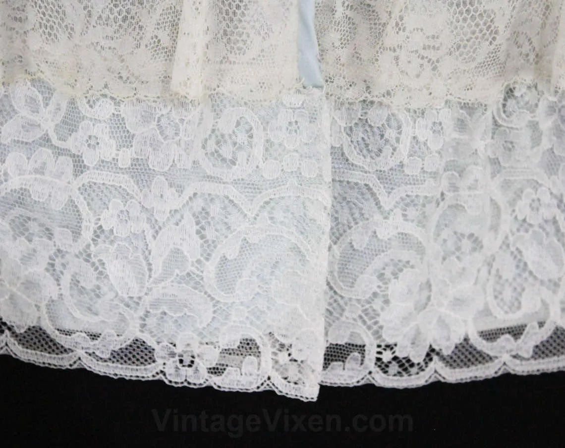 Size 10 Boudoir Bed Jacket - Sheer White Lace Layers with Pale Blue Trim - 50s 60s Lingerie - Short Sleeve Frou Frou Bedjacket - Bust 38.5