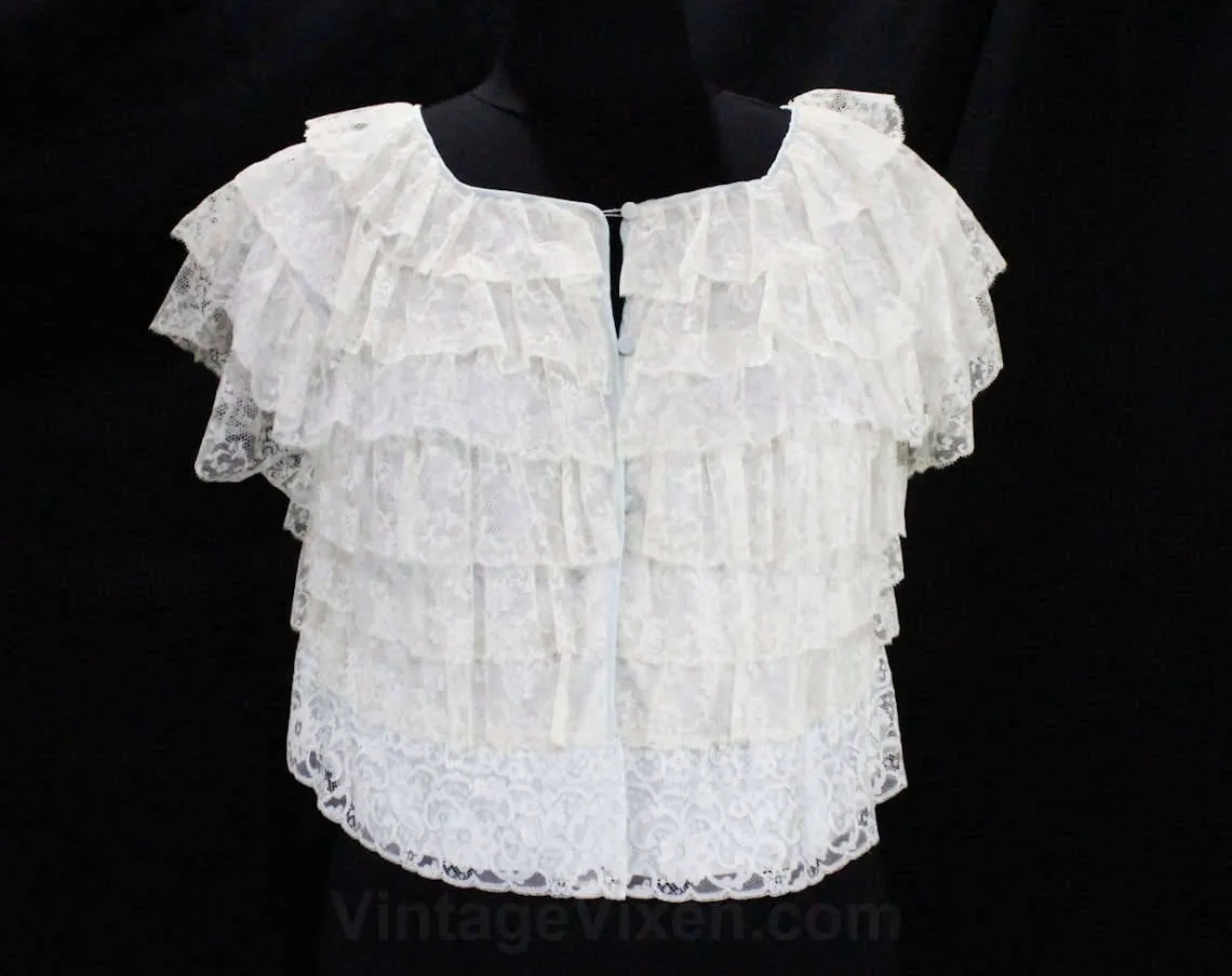 Size 10 Boudoir Bed Jacket - Sheer White Lace Layers with Pale Blue Trim - 50s 60s Lingerie - Short Sleeve Frou Frou Bedjacket - Bust 38.5