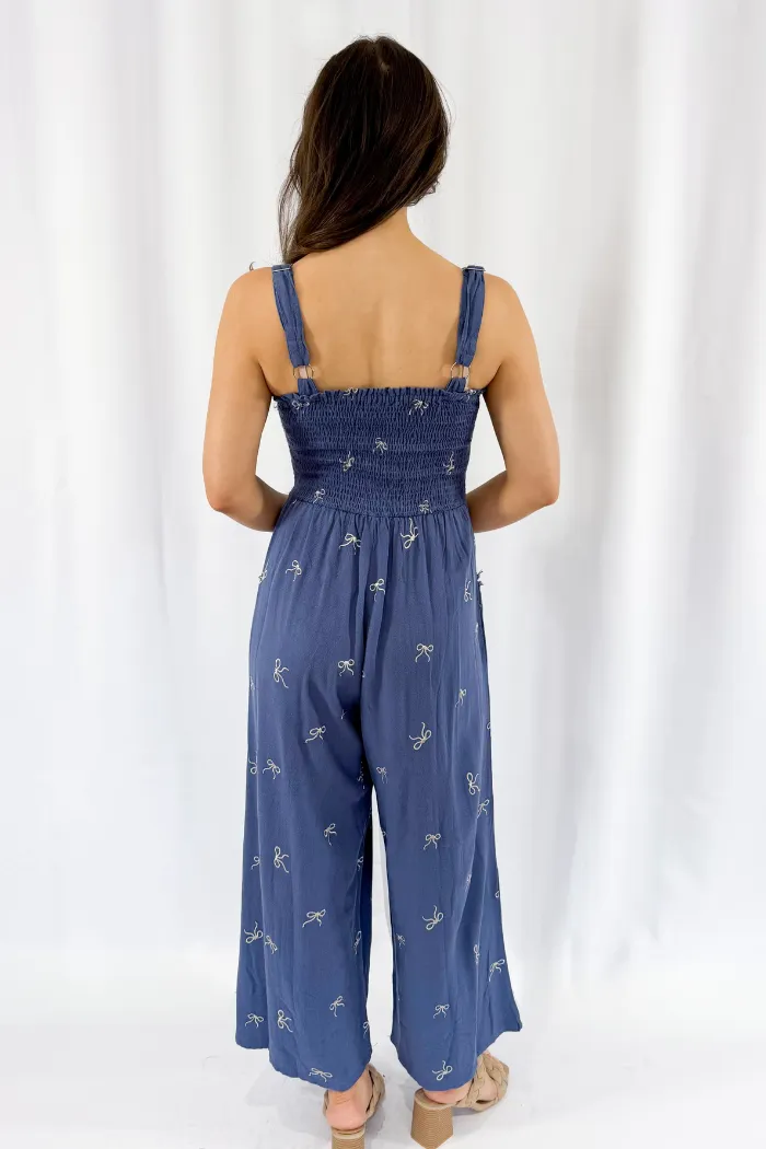 Sleeveless Embroidered Bow Smocked Jumpsuit in Blue