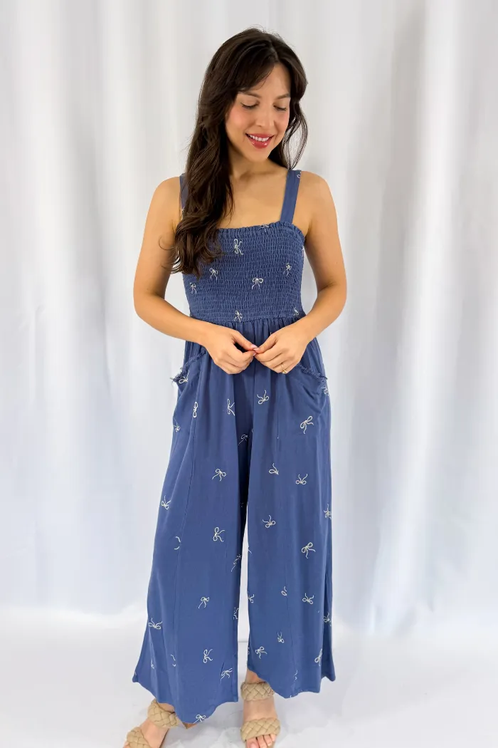 Sleeveless Embroidered Bow Smocked Jumpsuit in Blue