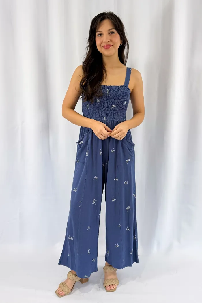 Sleeveless Embroidered Bow Smocked Jumpsuit in Blue