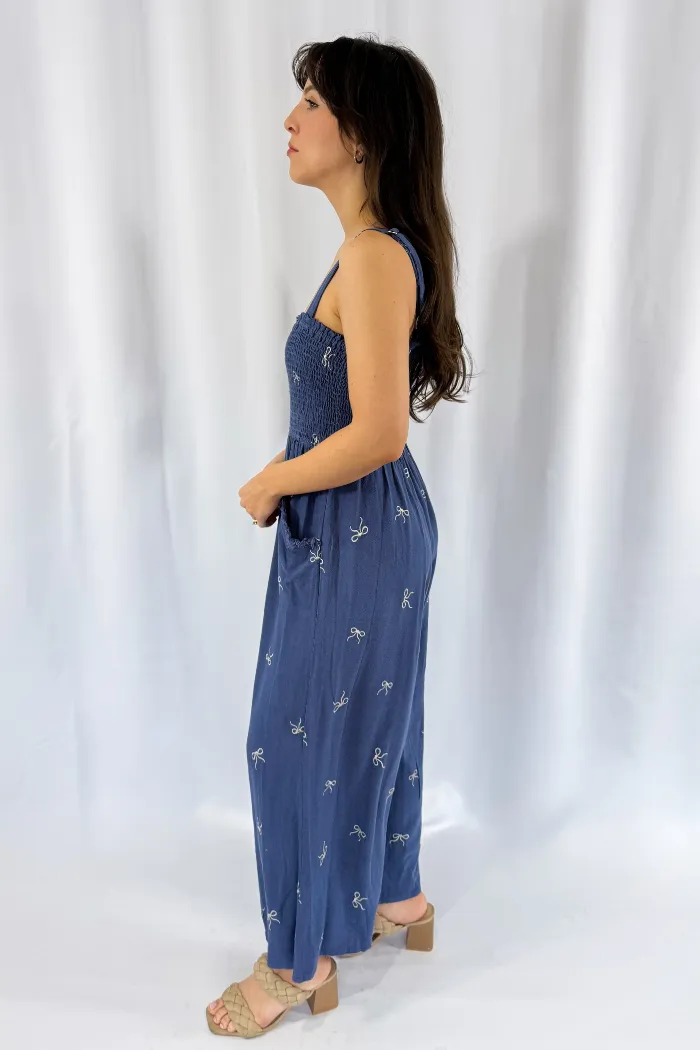 Sleeveless Embroidered Bow Smocked Jumpsuit in Blue