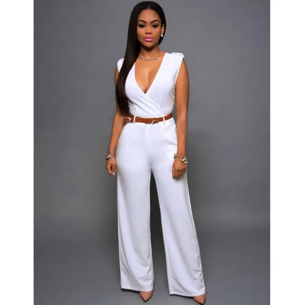 Surplice v neck wide leg jumpsuit in white