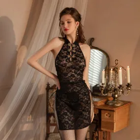 Vintage Cosplay Lingerie Floral Lace Cheongsam Costume Pearl Side Slit Chemise Set